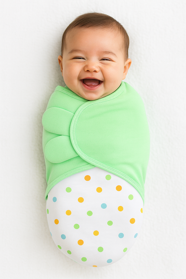 Green adjustable infant swaddle wrap for newborns with Velcro closure