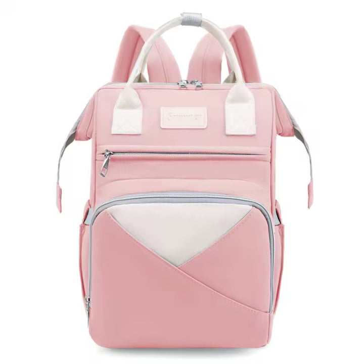 Multi-functional backpack with white accents and boxy shape