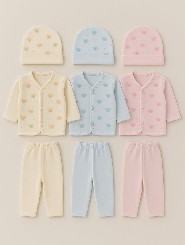Pack of 9 newborn winter fleece set caps shirts pajamas