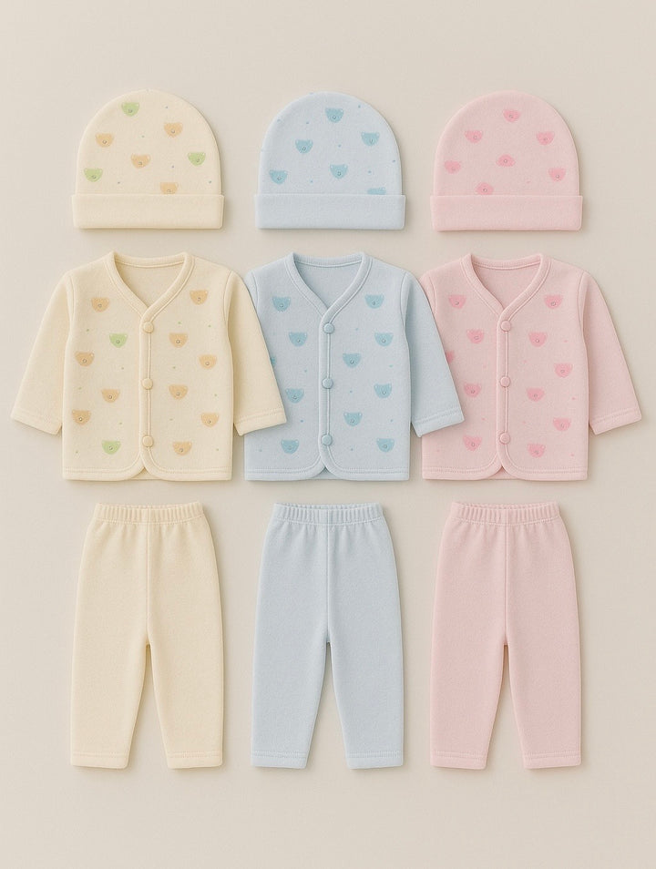 Pack of 9 newborn winter fleece set caps shirts pajamas