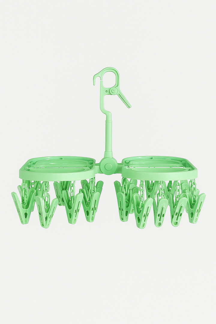 Foldable clothes hanger with 24 clips for drying baby clothes and laundry