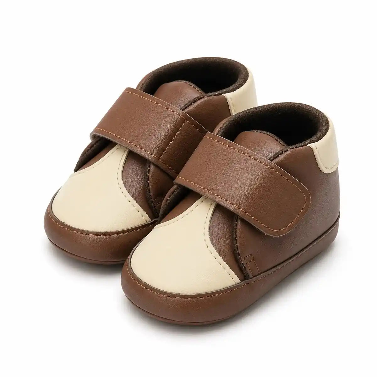 Brown and cream baby soft sole first walker shoes with hook-and-loop strap – angled view