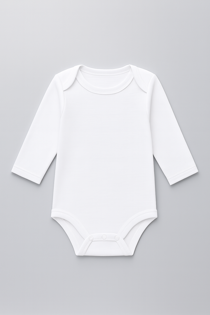 Soft and breathable full-sleeve white cotton baby bodysuits in a pack of 3, featuring snap closures for easy changing. Available in sizes 0-3, 3-6, and 6-12 months.