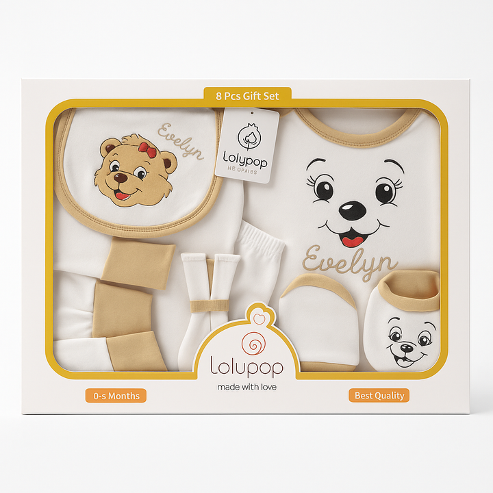 “8-piece cotton baby starter set with shirt, pajama, bib, washcloths, mittens, and booties”