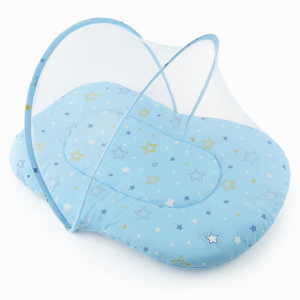 Baby Carry Nest with Pillow & Full Mosquito Net Sky Blue – Soft Open Style Newborn Sleeping Nest in Pakistan