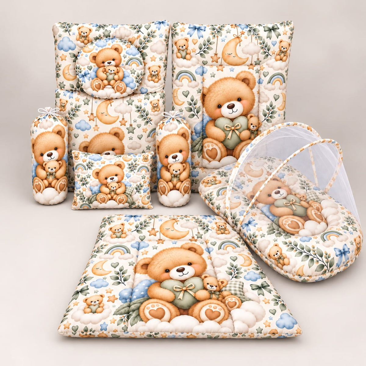 8-Piece Baby Bedding Set with Mosquito Net and Carry Nest Teddy Bear Print in Pakistan