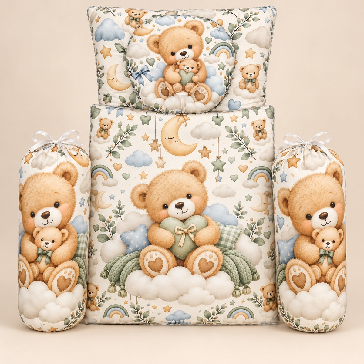 Teddy Bear Baby Bedding Set with Matching Pillows and Bolster Cushions