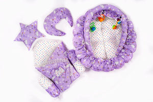 Purple Baby Snuggle Nest Bed Set with Pillows and Hanging Toys in Pakistan