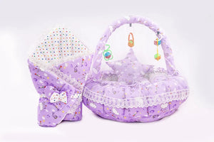 Purple Baby Snuggle Nest Bed Set with Swaddle Mosquito Net and Hanging Toys in Pakistan