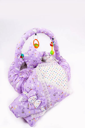 Purple Baby Snuggle Nest Bed Set with Swaddle Mosquito Net and Hanging Toys in Pakistan