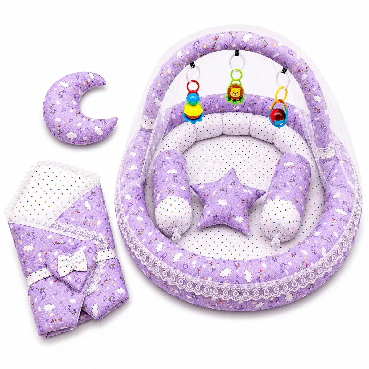 Purple Baby Snuggle Nest Bed Set with Mosquito Net, Pillows and Carry Wrap in Pakistan