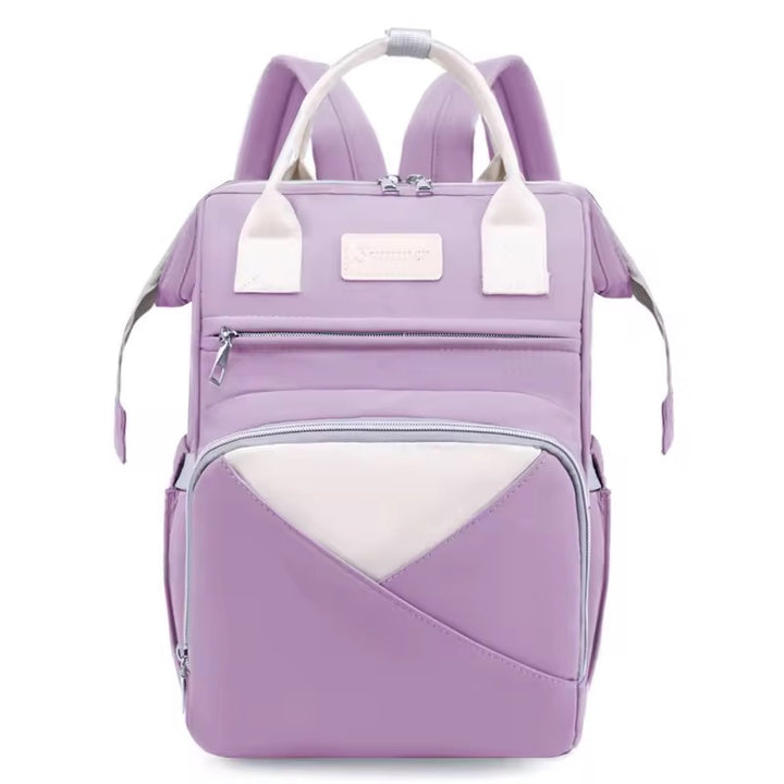 Multi-functional backpack with white accents and boxy shape