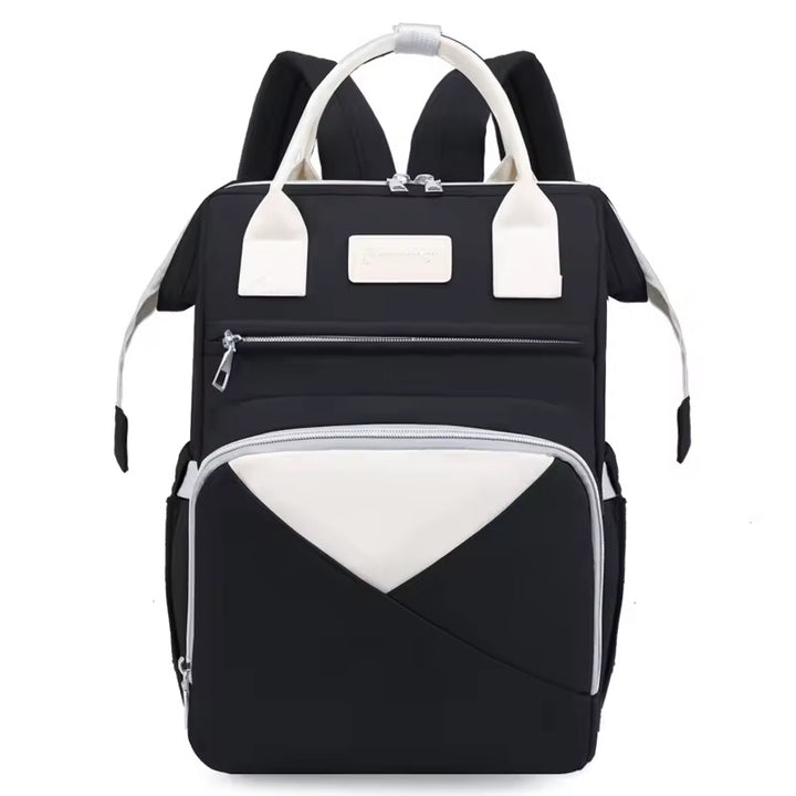 Multi-functional backpack with white accents and boxy shape