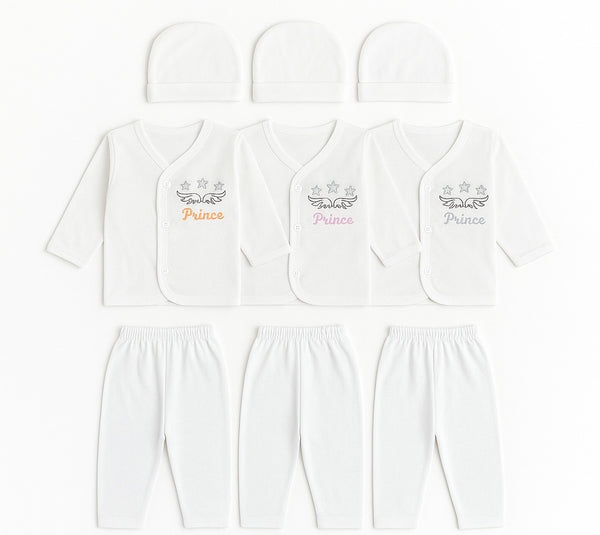 9-piece white and blue “Prince” newborn baby set with embroidered shirts, matching pajama pants, and caps – 0–3 months