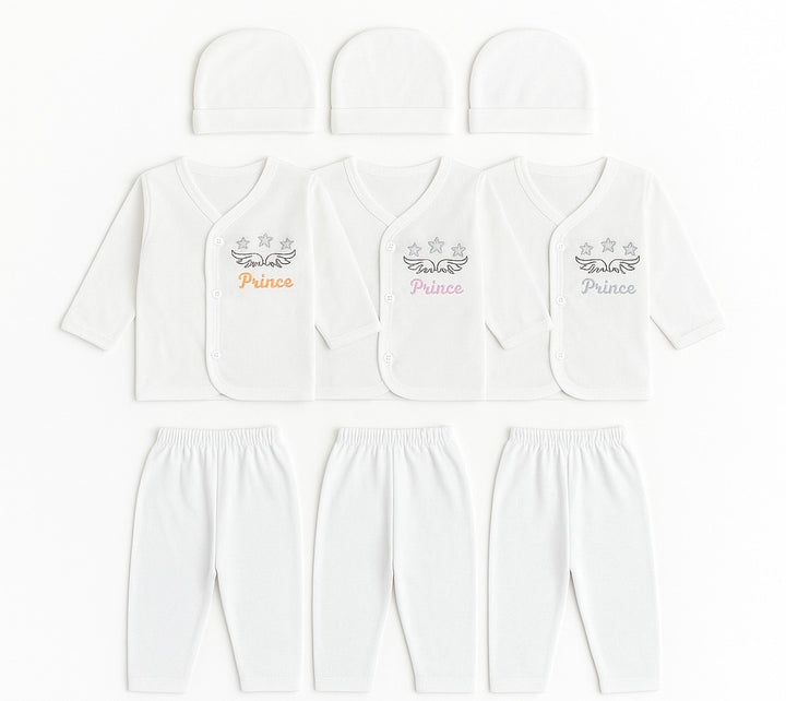 9-piece white and blue “Prince” newborn baby set with embroidered shirts, matching pajama pants, and caps – 0–3 months