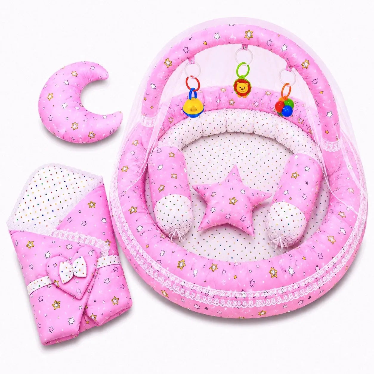 Pink Star Baby Snuggle Nest Bed Set with Carry Wrap Mosquito Net and Pillows in Pakistan