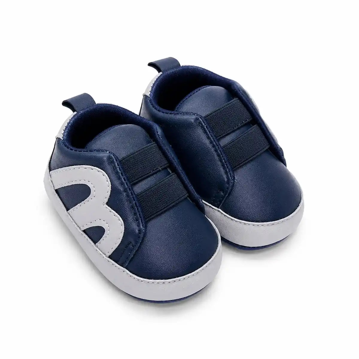 Navy blue and grey baby boys slip-on first walker shoes with flexible soft sole – angled view