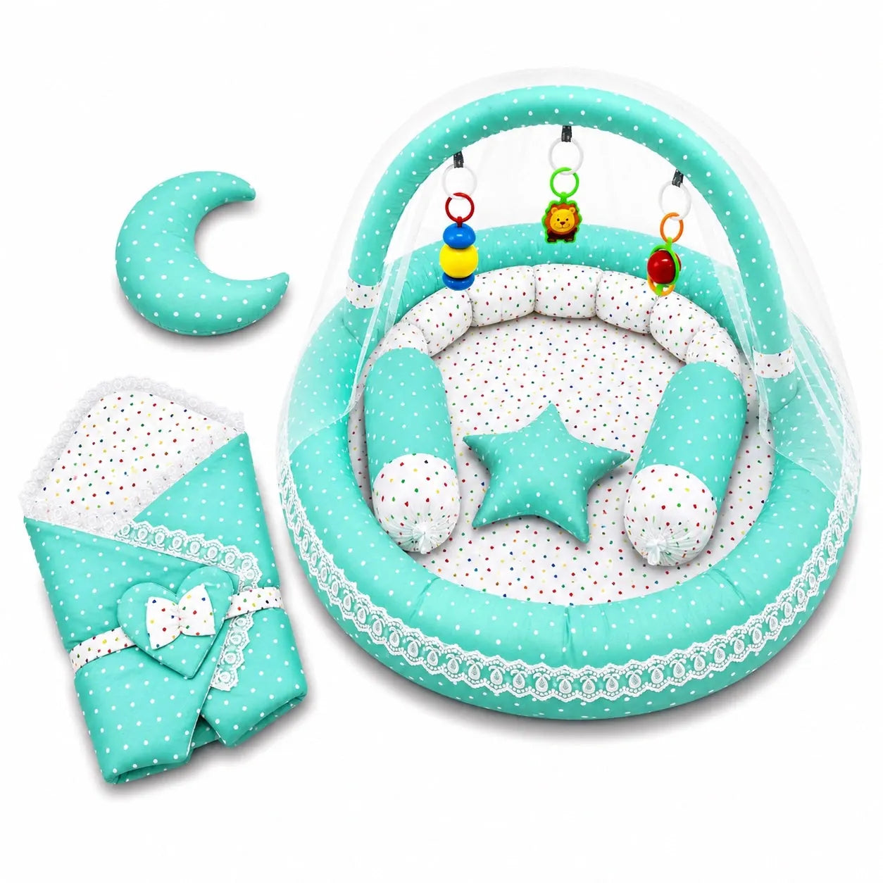 Mint Green Polka Dot Baby Snuggle Nest Bed Set with Mosquito Net in Pakistan