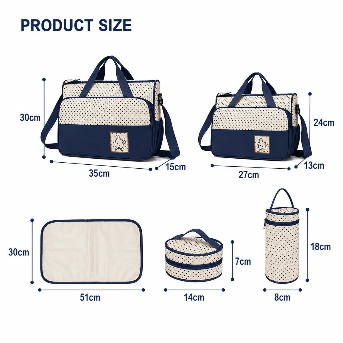 5 pcs baby diaper bag set navy blue size guide with bag, changing mat and bottle holder dimensions
