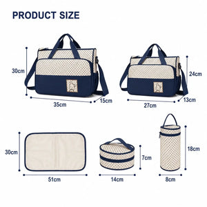 5 pcs baby diaper bag set navy blue size guide with bag, changing mat and bottle holder dimensions