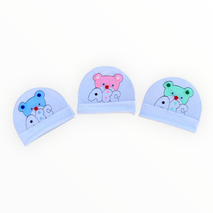 Pack of 3 Soft Cotton Baby Caps (0-3 Months) – Comfortable & Breathable Newborn Hats