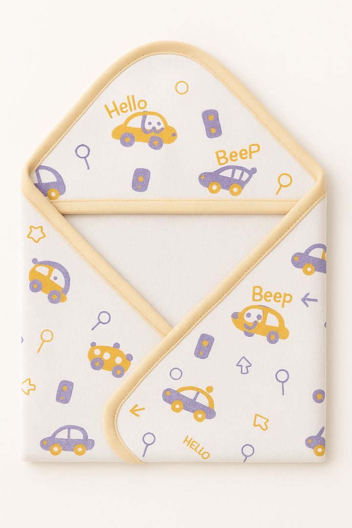 Winter baby hooded wrapping sheet with cute car print – 30x29 inches