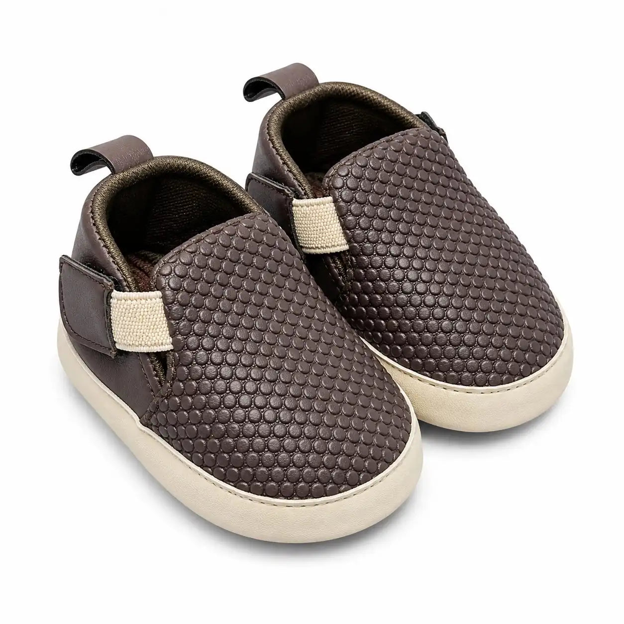 Brown textured slip-on baby first walker shoes with elastic side panels and soft flexible sole