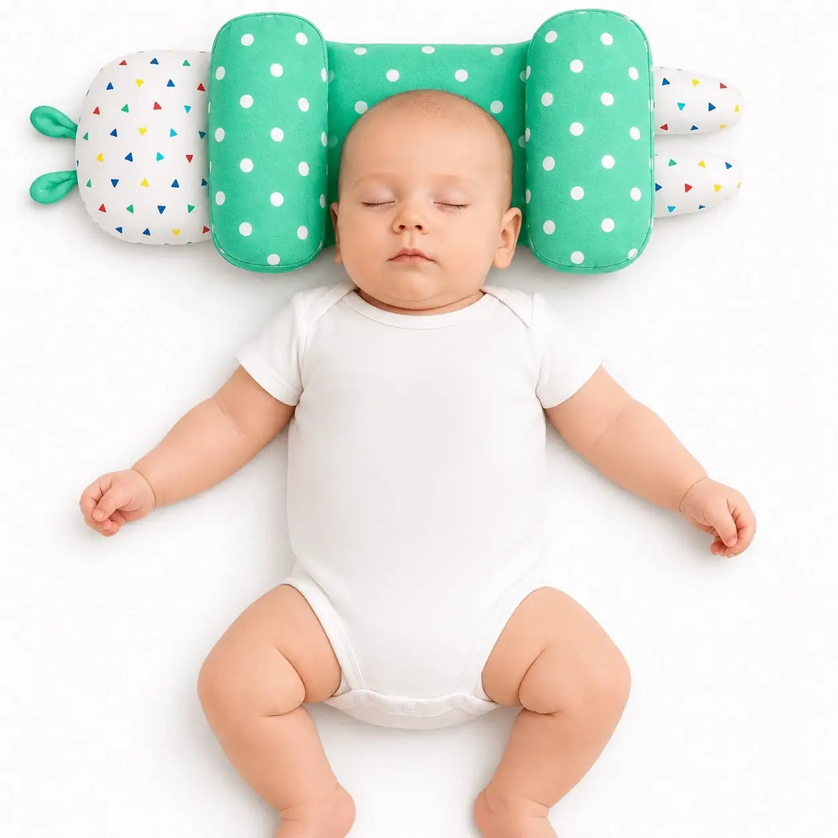 Baby using Adjustable Baby Head Shape Pillow Polka Green