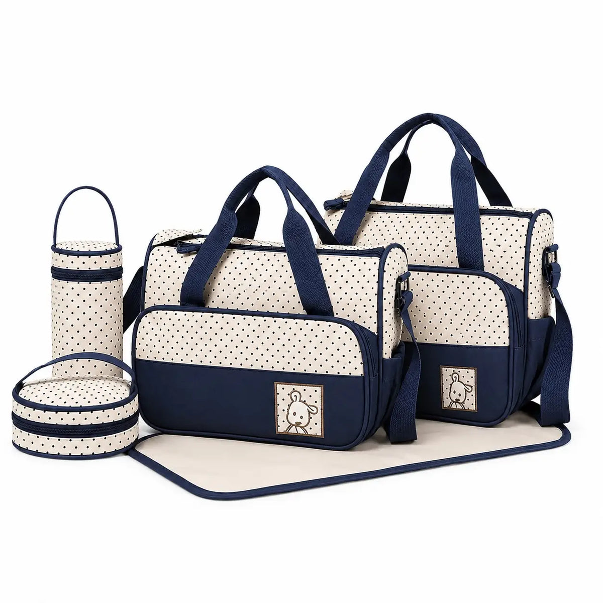 5 pcs baby diaper bag set in beige and navy blue with changing mat and bottle holders