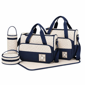 5 pcs baby diaper bag set in beige and navy blue with changing mat and bottle holders