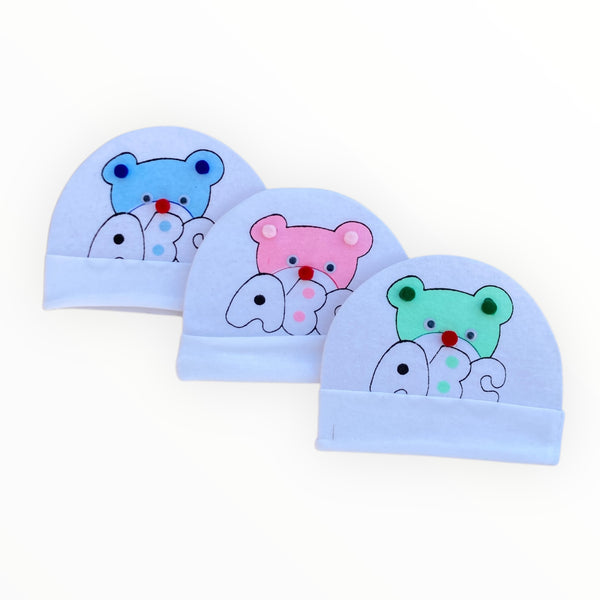 Pack of 3 Soft Cotton Baby Caps (0-3 Months) – Comfortable & Breathable Newborn Hats