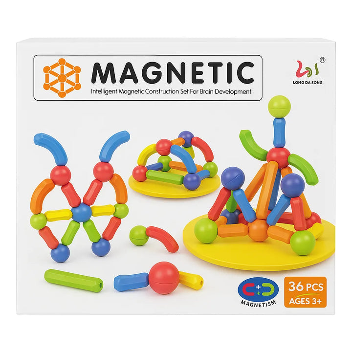 Magnetic construction toy set 36 pieces box front view for kids