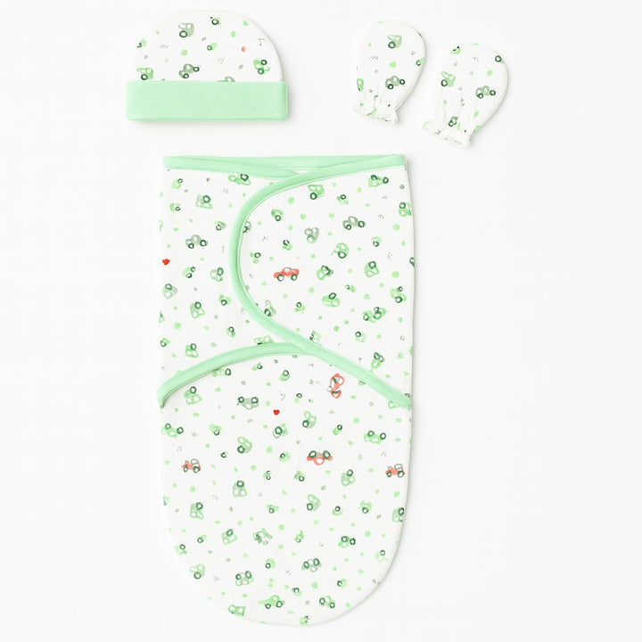 Baby swaddle with cap and mittens interlock cotton newborn wrap hearts cars design