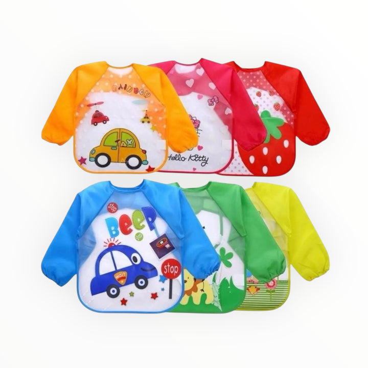 Waterproof full-sleeves baby bib with fun cartoon prints for mess-free meals.