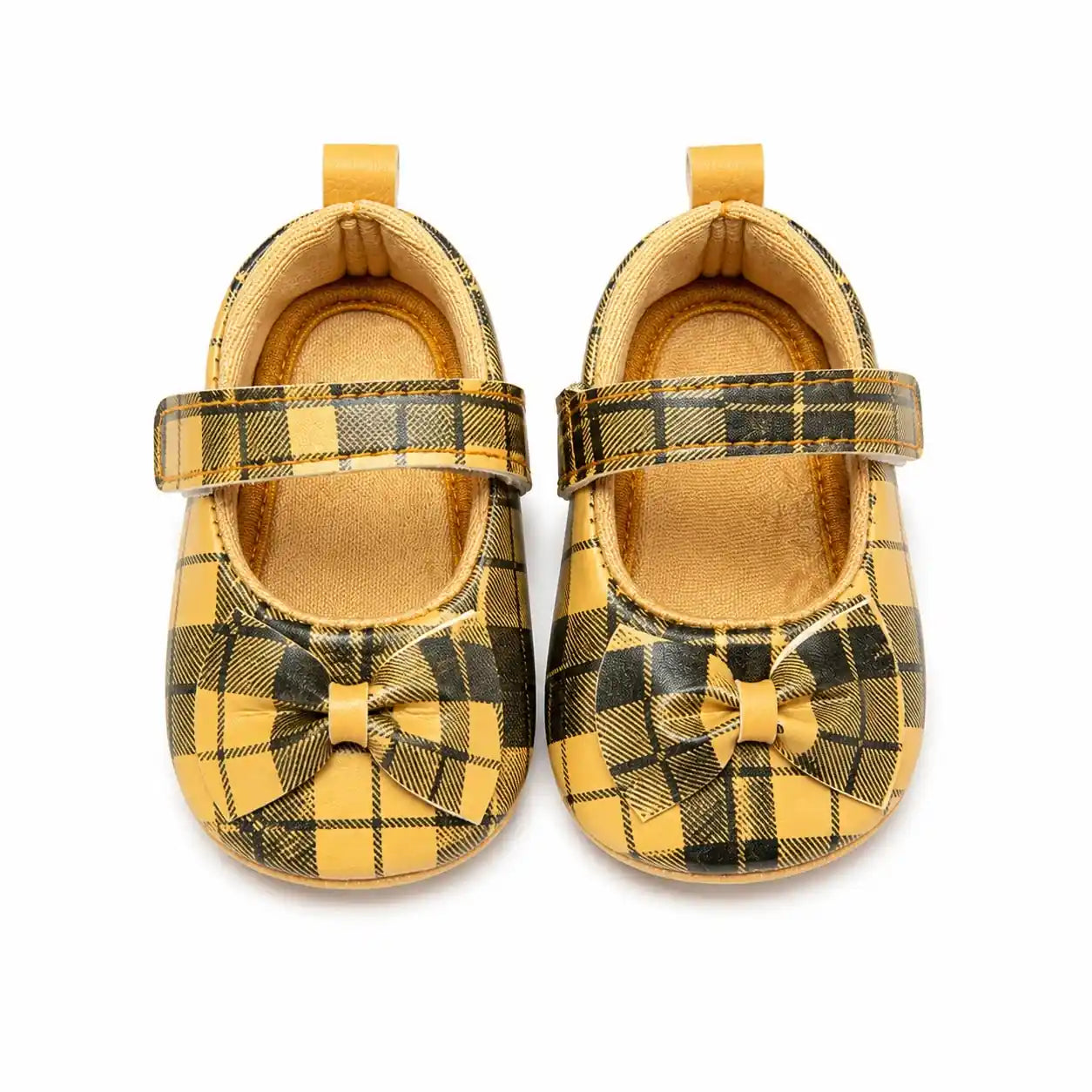 Mustard yellow and black plaid bow baby girl first walker shoes with hook-and-loop strap – front view