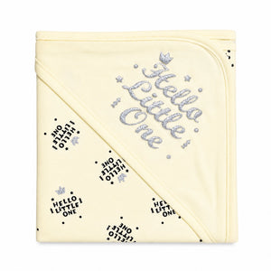 Cream baby wrapping sheet with Hello Little One crown print
