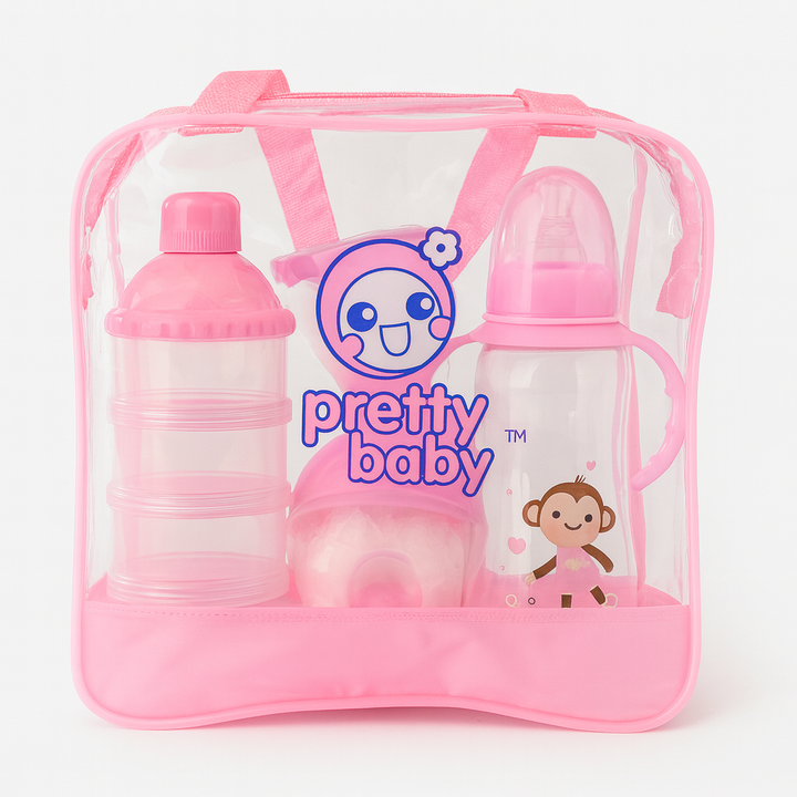 Pretty Baby 6-Piece Feeding Set Pink – feeder, sipper, bowl, milk powder container & baby utensils – BabifyStore.pk