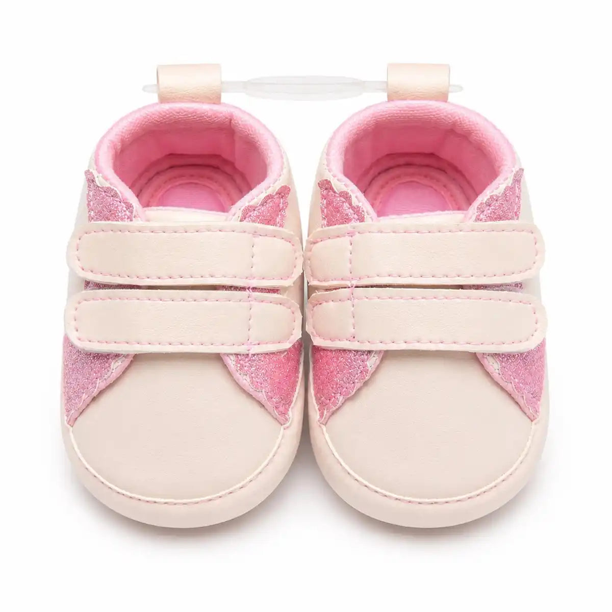 Baby girl pink glitter wing first walker shoes with double strap closure – front view