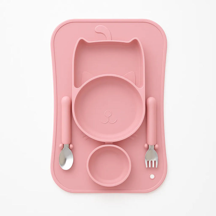 Pink Silicone Baby Feeding Set Cat Design