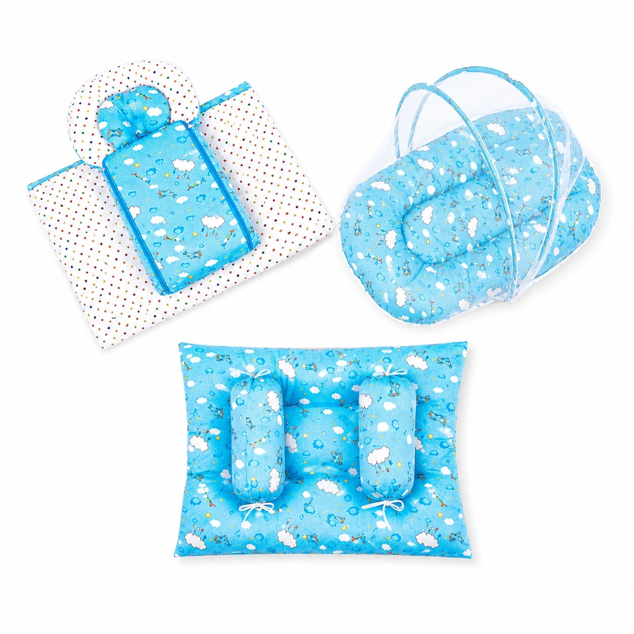 8-Piece Baby Bedding Set with Mosquito Net & Blanket – Cloud Pattern (Sky Blue)