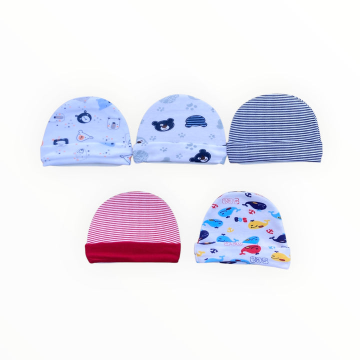 A set of five unisex cotton caps for newborns (0-6 months), made from soft and breathable fabric, designed to keep your baby warm and comfortable. Available in neutral colors and patterns, perfect for boys and girls.