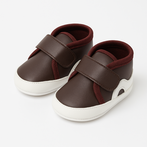 Premium Soft Sole Baby Shoes Chocolate Brown with Maroon Lining – Infant Footwear 0–12 Months in Pakistan