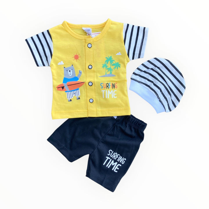 Soft cotton baby t-shirt, pajama, and cap set for newborn comfort and warmth.
