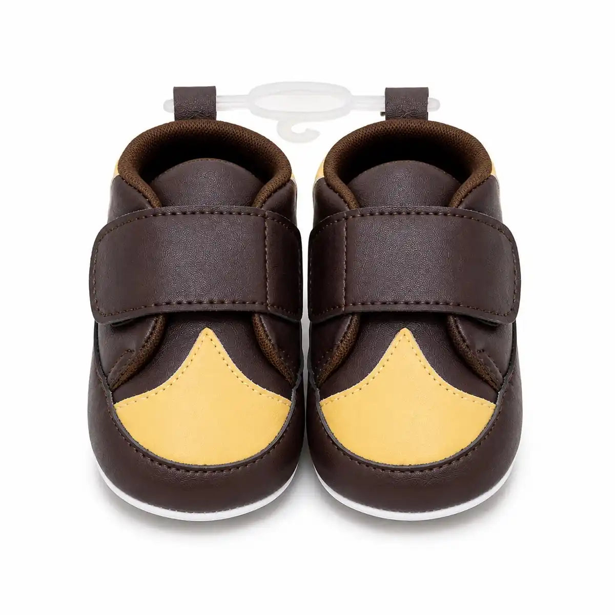 Brown and mustard baby first walker shoes with secure strap closure – front view