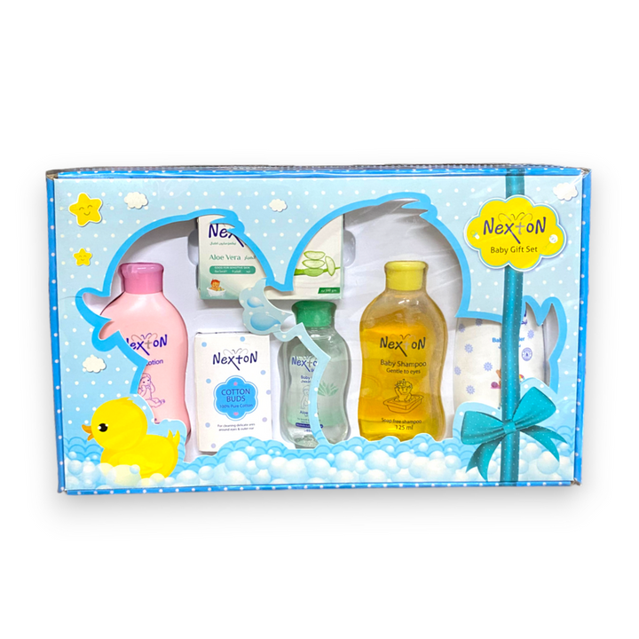 Nexton Baby Care Bundle – A premium baby gift set including oil, soap, shampoo, lotion, powder, and cotton tips for gentle baby care.