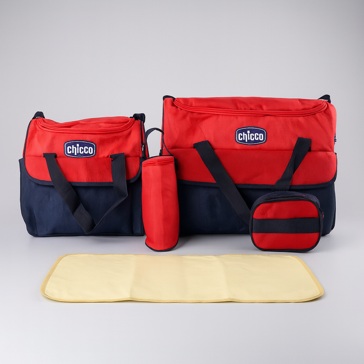 Chicco 5 pcs mummy bag set with diaper bags, bottle holder, pouch & changing mat – red & beige variants