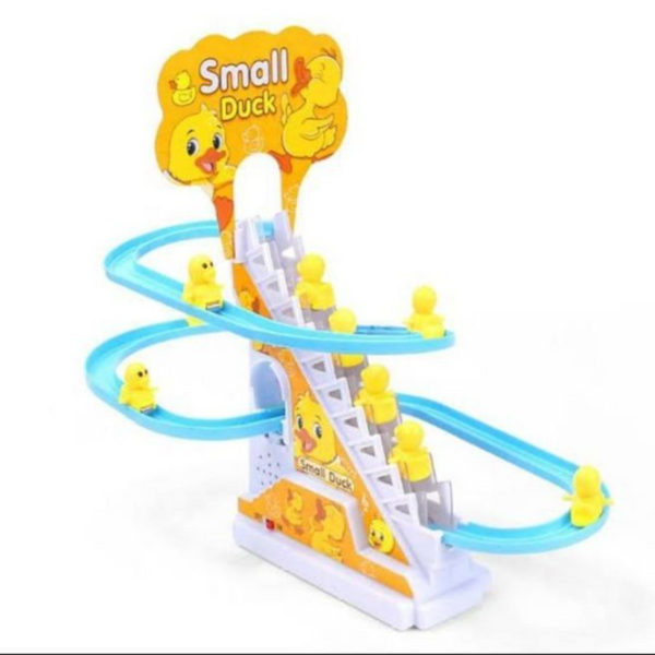 Battery-operated duck climbing toy with LED lights, music, and a sliding track for interactive fun and motor skill development.