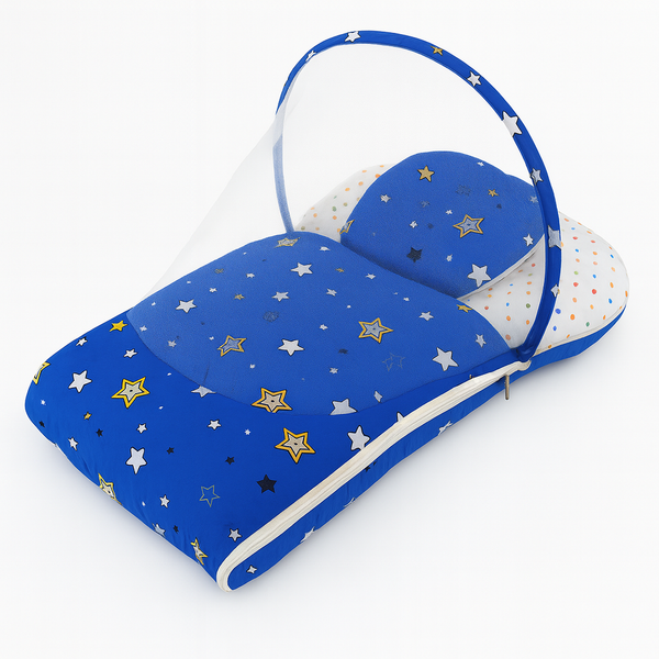Baby Carry Nest with Pillow & Mosquito Net Blue – Soft Cotton Comfortable Newborn Sleeping Nest in Pakistan