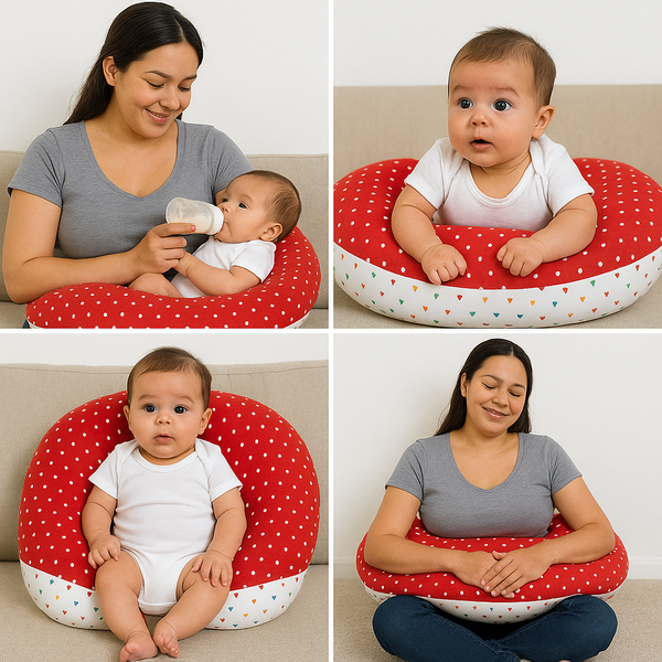Premium Polka Dot Baby Nursing Pillow – Red color, soft and supportive cushion for comfortable baby feeding.