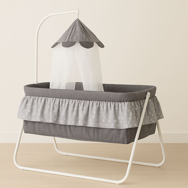 Baby sleeping cradle with canopy net available in pink, grey, and navy blue